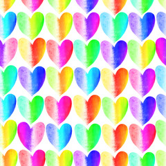 Watercolor seamless pattern with abstract  colorful hearts. Hand drawn  illustration isolated on white background. For packaging,  wrapping design or print. Suitable for design on valentine's day