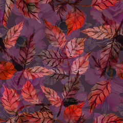 Seamless watercolor floral pattern - leaves and branches composition. Imprints herbs, flowers and leaves. abstract watercolor and digital image. Hand-drawn seamless pattern. 