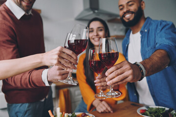 Close-up of happy young people toasting with wine while spending time together