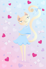 A festive greeting card with an elegant cat dressed in a pale blue blouse with a skirt. Hearts and bows on a soft pink background. The concept of birthday, Valentine's Day