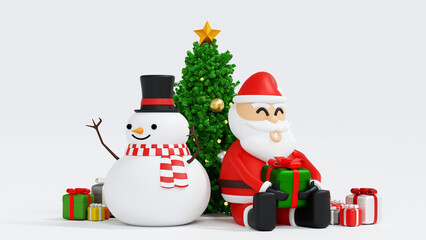 Santa clause snowman and Christmas tree gifts box, Happy New year and Merry Christmas greeting card, 3D rendering.