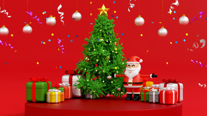Santa clause snowman and Christmas tree gifts box, Happy New year and Merry Christmas greeting card, 3D rendering.