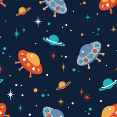 Naklejka na ściany i meble Colorful seamless pattern with alien spaceship, ufo, galaxy background, stars, saturn, planet in flat style. Endless childish cosmos texture, background. Vector illustration.