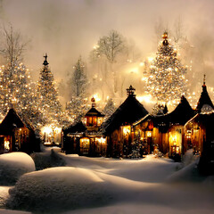 Fototapeta premium Christmas village glimmering in the winter snow, and many snow-covered Christmas trees, its branches laden with decorations. The lights on the tree twinkle in the soft light of the evening