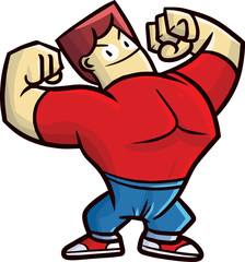 Cool man with big chest showing off his muscle. Wearing red shirt and blue jeans.