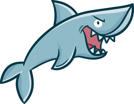 Funny shark cartoon with mouth opened and sharp teeth. Angry shark face.