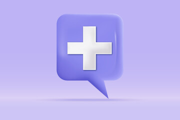 Obraz premium 3d Medical emergency plus sign icon Isolated on light blue background. Realistic speech bubble first aid and health care concept 3d vector rendering illustration.