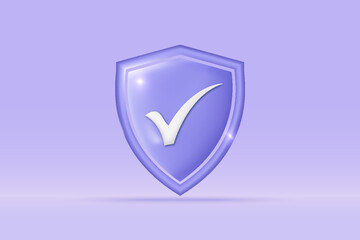 3d check mark success icon Isolated on light blue background. Realistic shield sign tick, checkbox, accept, agree 3d vector rendering illustration.