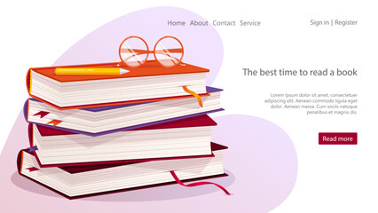 Stack of books, glasses and pen on top. Book lover, reading, book store, library, education concept. Vector illustration for flyer, poster, banner, website development.