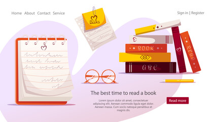 Notebook, stack of books, glasses, pen, piece of notebook. Book lover, reading, book store, library, education concept. Vector illustration for flyer, poster, banner, website development.