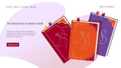 Three colorful books. Book lover, reading, book store, library, education concept. Vector illustration for flyer, poster, banner, website development.