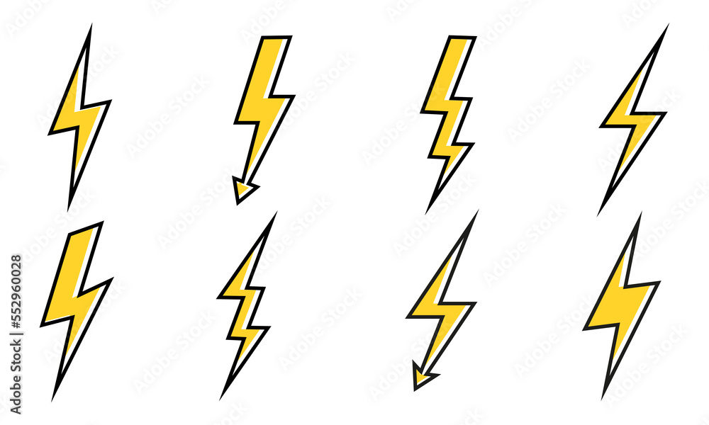 Poster set of lightning bolt vector icons. yellow thunderbolt sign. thunder icon. vector 10 eps.