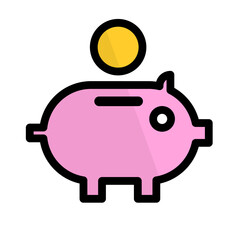Pink piggy bank and coin. Saving icon. Vector.