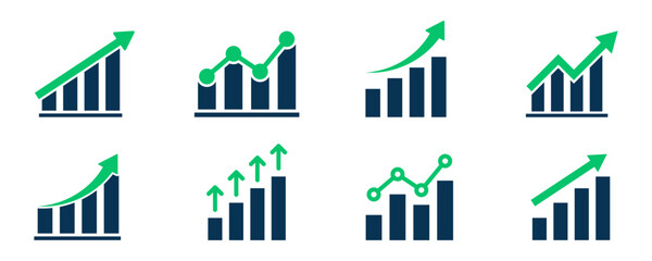 Set of growth graph vector icons. Business chart. Financial rise up. Increase profit.