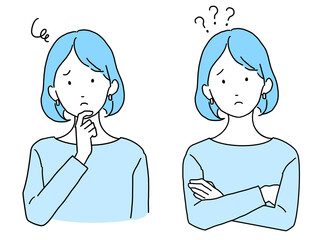 人物 悩むポーズ・困りごとのポーズをする女性のイラスト