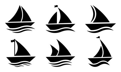 Set of sail boat vector icons. Black silhouette with sailboat and sea wave. Nautical yacht or sailboat.