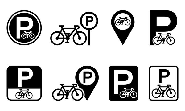 Set of parking bicycle vector signs. Place for bike. Area for cyclist. Vector icons.