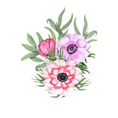 Anemones with eucalyptus isolated on a white background. Watercolor illustration. For Valentine day, wedding invitation, birthday and mother day cards, poster, textile design, cover, prints, pattern