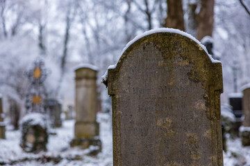 first snow on old grave yard haunted and decaying