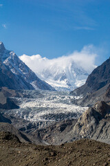 Autumn view of Passu Glacier in the Gilgit Baltistan region of northern Pakistan. Passu Glacier is situated in the south side of Passu village and linked with Batura Glacier.