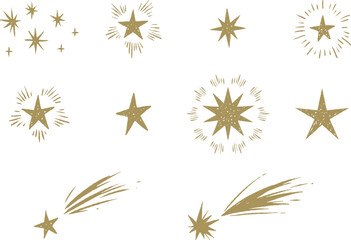 シンプルな手描きの星 流れ星 輝き きらきら装飾イラストセット