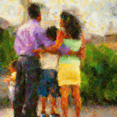 Parents hugging their children. Impressionist painting style illustration