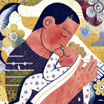 A father kissing his sleeping baby. Collage style illustration