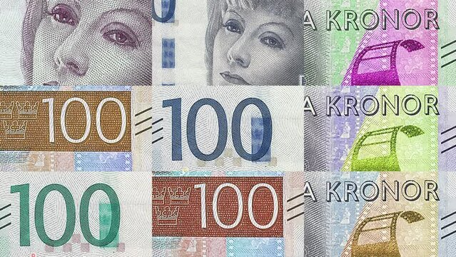 Swedish Krona 100 SEK banknotes abstract color loop pattern. Sweden bank note concept of currency, finance and economy. Looped and seamless design background.