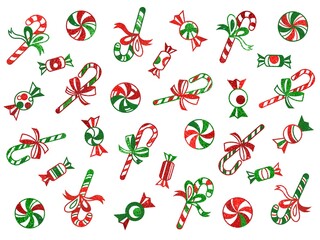 Merry Christmas. Christmas pattern.  Glitter green and red christmas candies on white background. Colorful pattern with candies 
