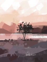 Landscape art. Tree illustration. Landscape painting. Hand drawn image. Modern art 