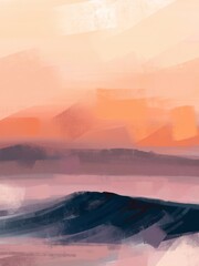 Landscape art. Sea and sky illustration. Landscape painting. Sunset. Hand drawn image. Modern art 