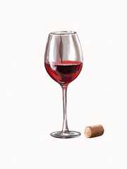 Red wine illustration. Alcohol drink. Red wine in glass image. Watercolor and pencil illustration