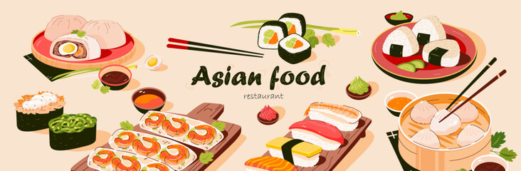 Fototapeta na wymiar Asian food banner. Asian cuisine with various dishes. Vector illustration
