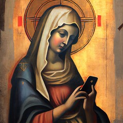 Holy Mary Mother  of Jesus with Aureola with Smartphone Cellphone Scrolling  Posting - Medieval Wall Frescos Style - Digital Art, Concept Art, Generative AI © Oskar Reschke