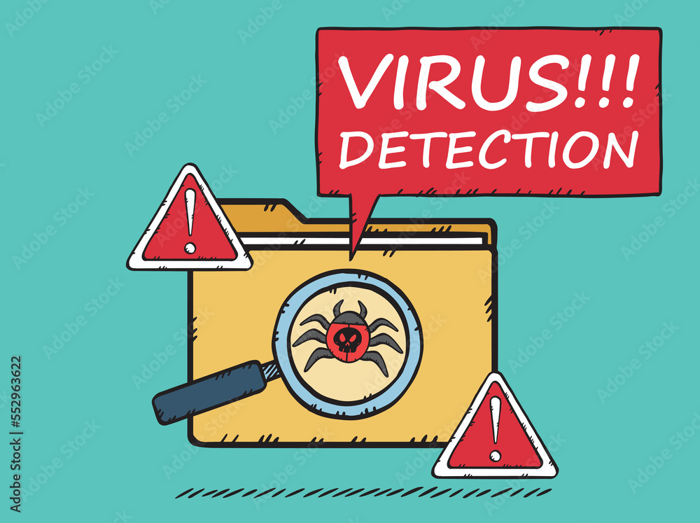 Poster an isolated graphic of a folder and with a computer virus detected in it. the graphic featured a clo