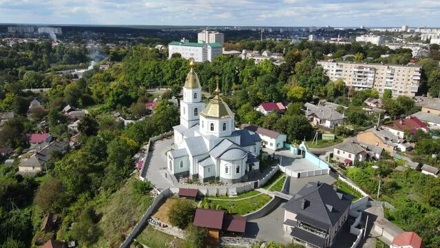 Aerial shot the city Zhytomyr. Holy cross Assembly Cathedral of the UOC. Ukraine