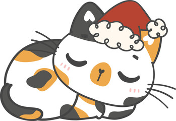 Cute sleeping Christmas Santa Calico cat cartoon 