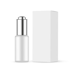 Blank Dropper Bottle Mock Up With Metal Cap, Paper Box, Side View, Isolated on White Background. Vector Illustration