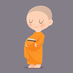 Cartoon Buddhist Monk Of Southeast Asia. Receive Food Offerings. Vector illustration. - obrazy, fototapety, plakaty
