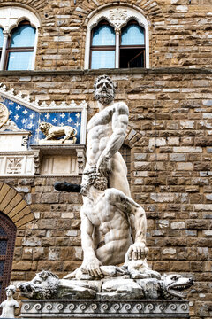 Hercules and Cacus, Italian Renaissance sculpture by Baccio Bandinelli, in Piazza della Signoria square in front of Palazzo Vecchio palace, Florence city center, Tuscany region, Italy