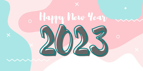 Happy new year 2023 banner. Pastel colors cyan and magenta. Background for seasons greetings.