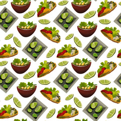 Pattern with Mexican traditional dishes. Taco, burrito, lime. Seamless pattern in cartoon style.
