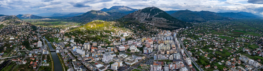 Fototapeta na wymiar Aerial view of the city Lezhë in albania on a sunny day in autumn. 