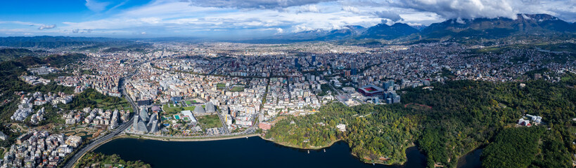 Aerial view of the city Tirana in albania on a sunny day in autumn.	