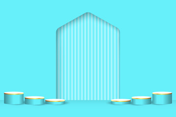 blue and white realistic 3d cylinder stand podium in arch window. Vector abstract studio room with geometric platform. Minimal wall scene for product showcase, Promotion display