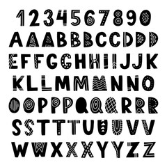 Scandinavian vector alphabet with numbers for kids. Hand drawn graphic font. For typography poster, card, label, brochure, flyer, page, banner design. ABC. Cartoon alphabet.