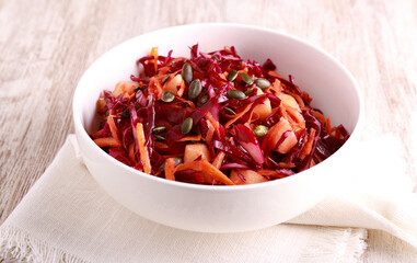 Red cabbage, carrot and apple salad