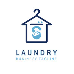 Letter S for Laundry Business Logo Design Idea Template with House and Hanger Icon. Dry Cleaning Clothes Wash Machine