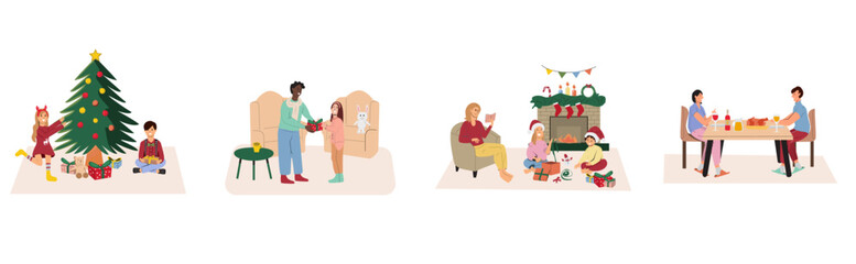 Chiristmas celebration with families with kids at winter holiday eve at home-decorating Christmas tree, Parents give gift to kid, family wrapping present, reunite at Christmas dinner.