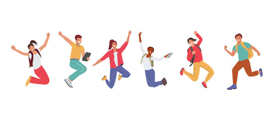 Set of Happy Students Characters Jumping with Backpacks and Textbooks. Schoolboys or Schoolgirls jumping. Laughing, prepared to greeting New Educational Year, Back to School.
